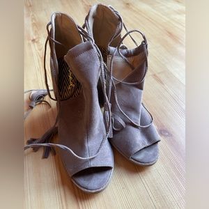 Peep toe suede ankle tie sandals